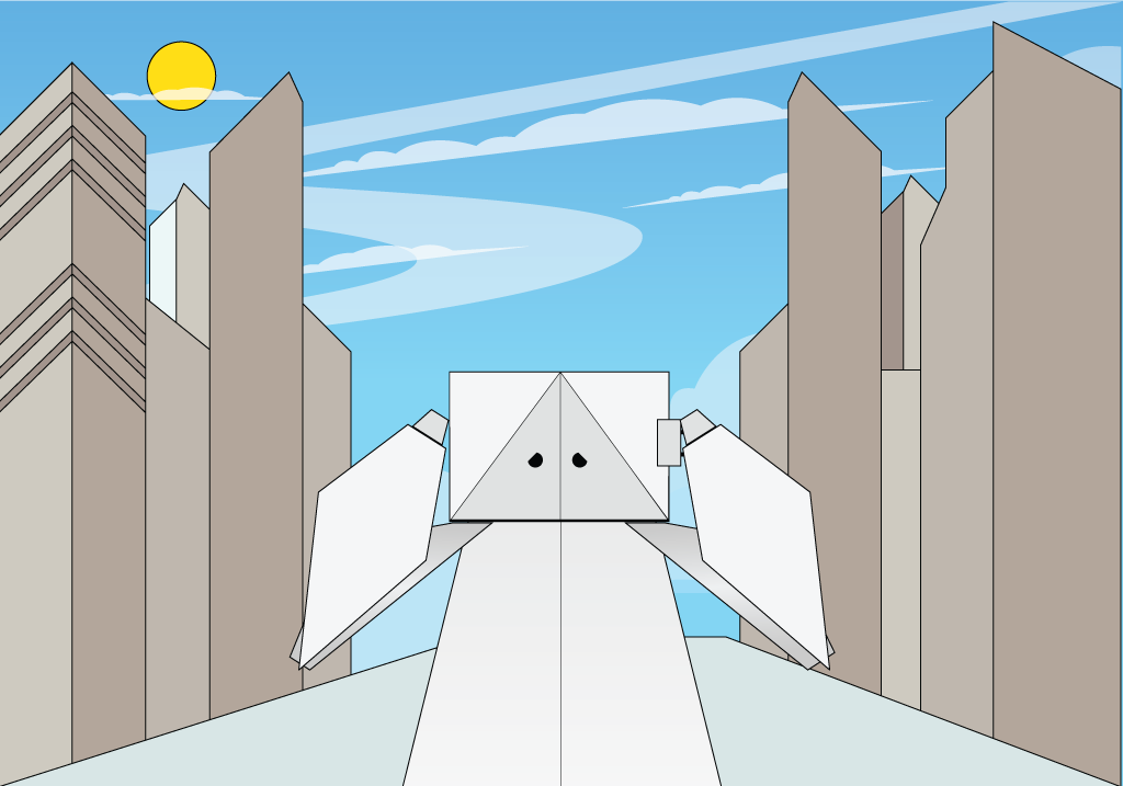 A small origami figure stands between rows of identical tall buildings.